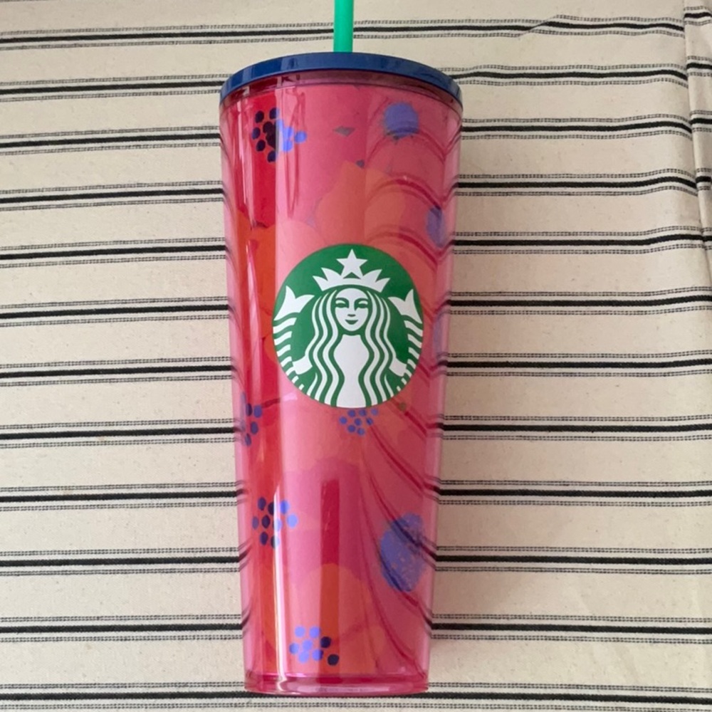 Floral orange, pink and blue Starbucks 24oz cold beverage cup with straw and lid